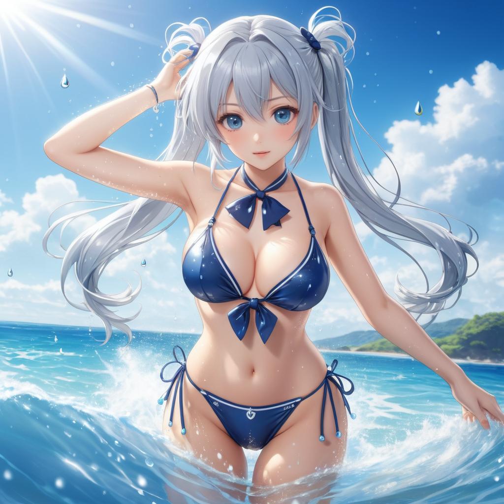 Alluring Silver-Haired Anime Girl in Bikini