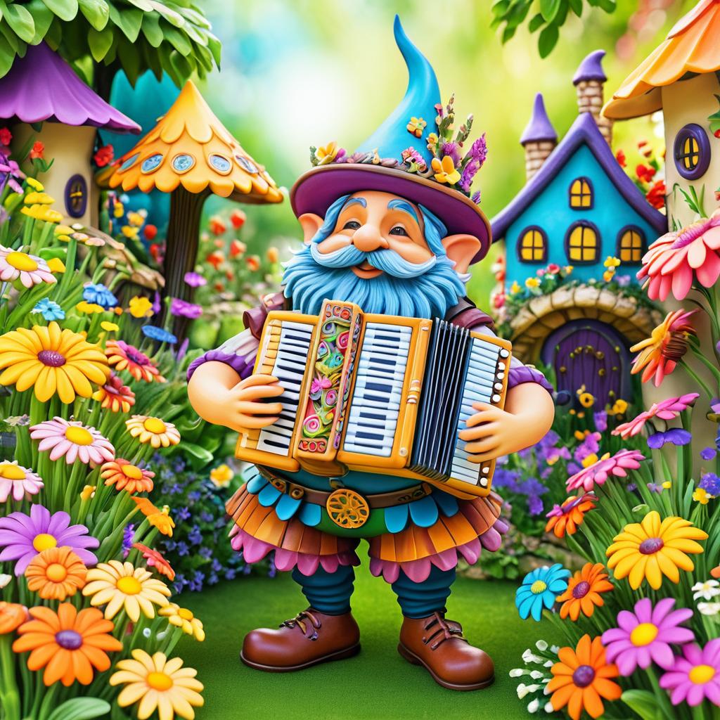 Whimsical Gnome Bard in Vibrant Garden