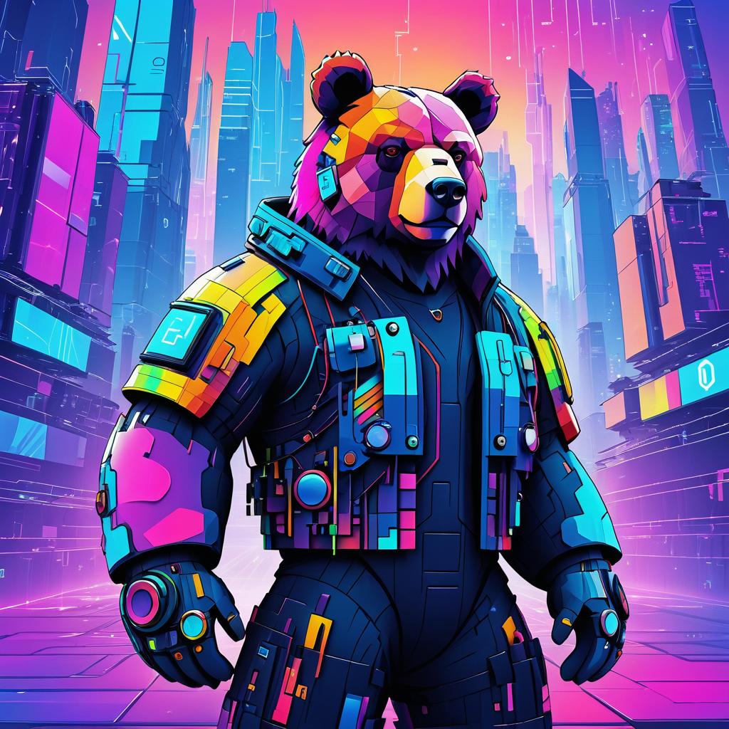 Vibrant Cybernetic Bear in Cyberpunk City