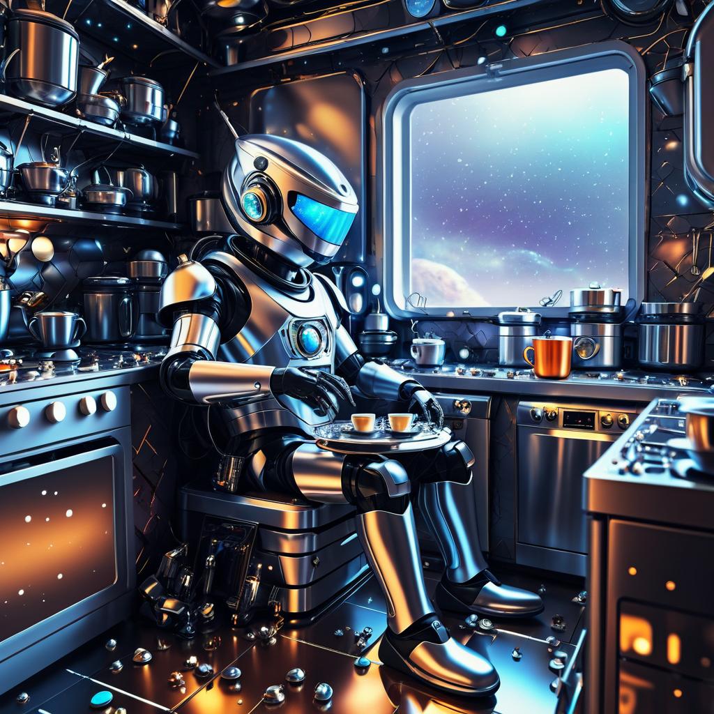 Grumpy Alien Robot in Cluttered Kitchen