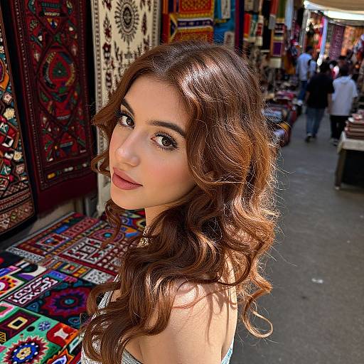 Photograph of a young woman with long, wavy brown hair, large brown eyes, and fair skin, standing in a colorful, vibrant market stall