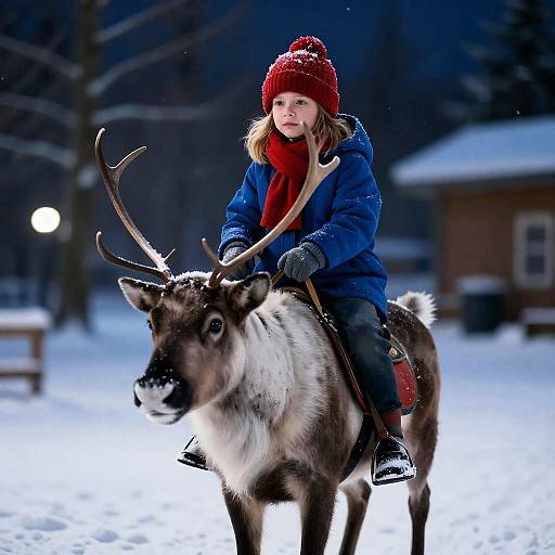 Serious Girl Riding a Reindeer at Night