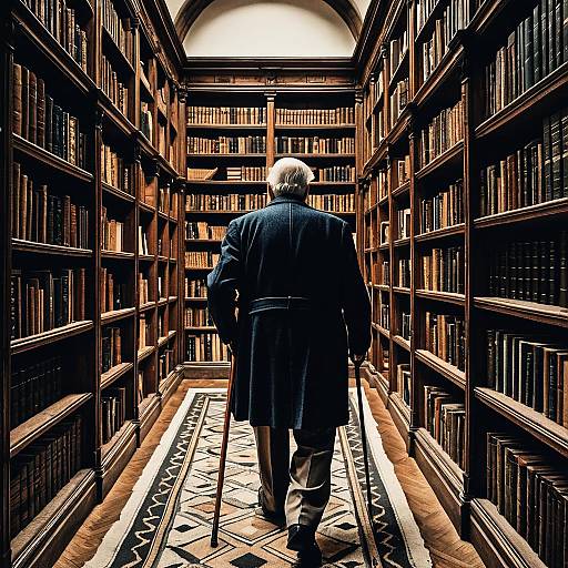 Elderly Man Walking in Historic Library