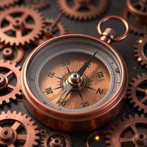 Photograph of a brass pocket watch with black hands, set against a dark background of interlocking bronze gears, highlighting intricate mechanical details.
