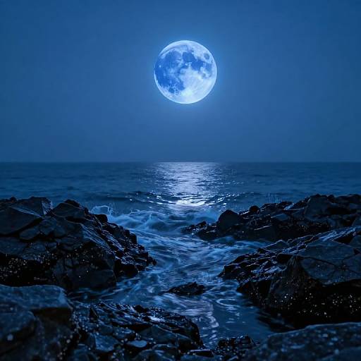 Photograph of a luminous full moon over a dark blue, rocky ocean, with moonlight reflecting on the water's surface.
