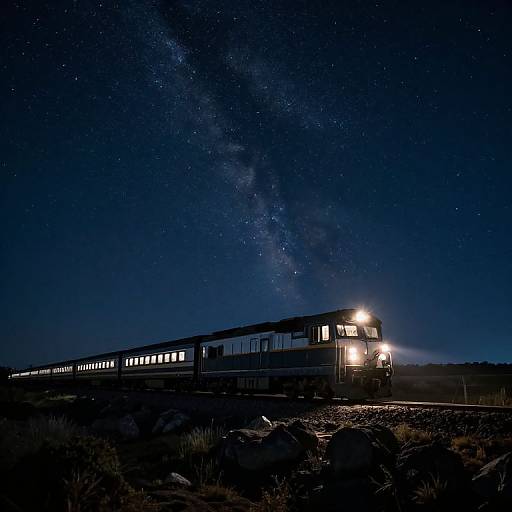 Photograph of a train at night, illuminated headlights against a starry sky and Milky Way, traveling on rocky tracks.