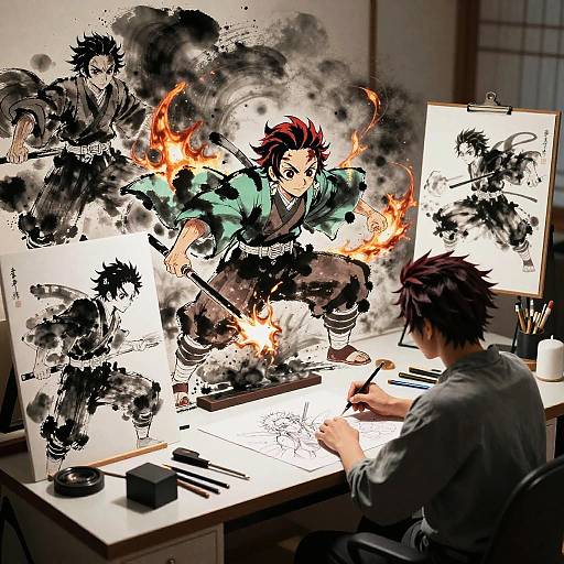Digital anime-style artwork of a red-haired artist painting dynamic black-and-white characters with fiery accents, surrounded by sketchbooks and tools.
