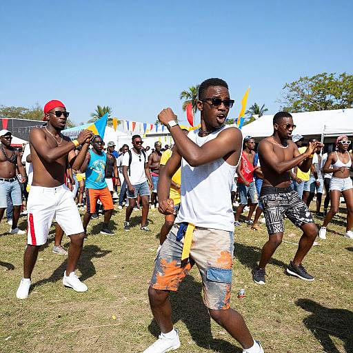 Photograph of a group of shirtless Black men playing baseball outdoors on a sunny day, wearing shorts and colorful accessories, with a grassy field and