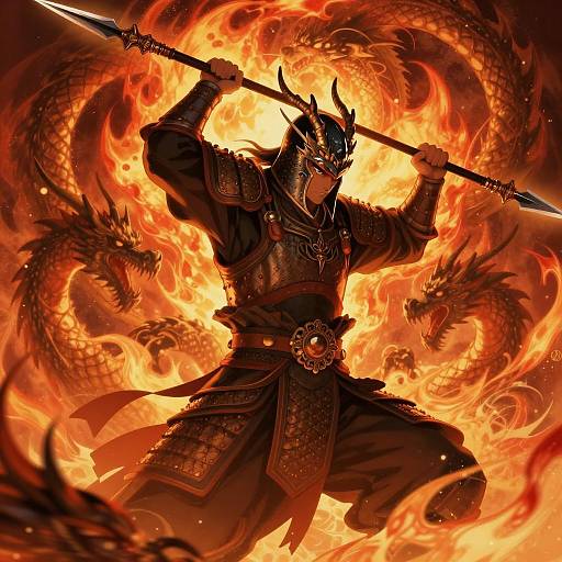 Dynamic Warrior Amidst Fiery Dragons