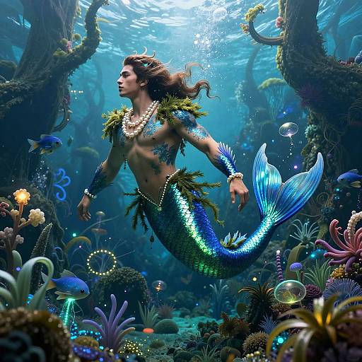 Iridescent Merman in Enchanted Forest