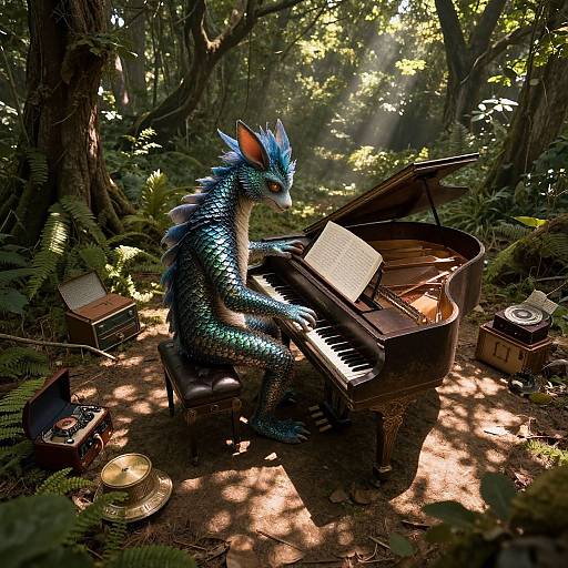 Photorealistic CGI: Blue-scaled, dragon-like creature with spiky blue mane playing grand piano in sunlit forest, surrounded by music sheets,