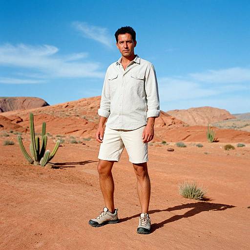 Photograph of a middle-aged man in a white shirt and shorts, standing in a sunny, red-rock desert with cacti and clear blue sky