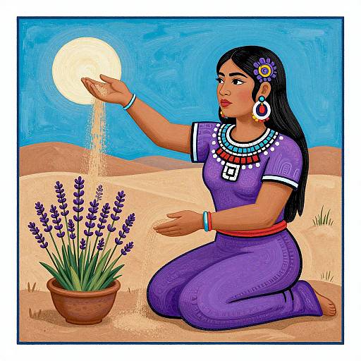 Lavender Woman Pouring Sand in Desert
