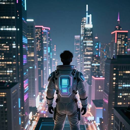 Digital art: Silhouetted astronaut with glowing blue back panel, standing in futuristic cityscape at night, surrounded by neon-lit skyscrapers