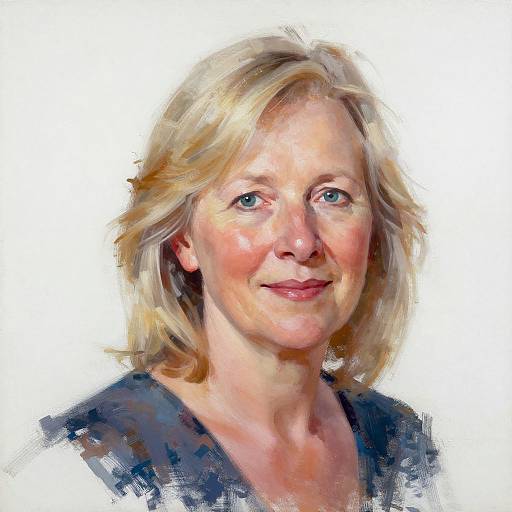 Digital painting of a smiling middle-aged woman with blonde, shoulder-length hair, blue eyes, and fair skin, wearing a dark top, against a white