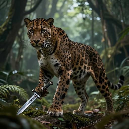 Photorealistic digital artwork of a fierce, spotted leopard with a dagger in its paw, standing in a dense, misty forest.