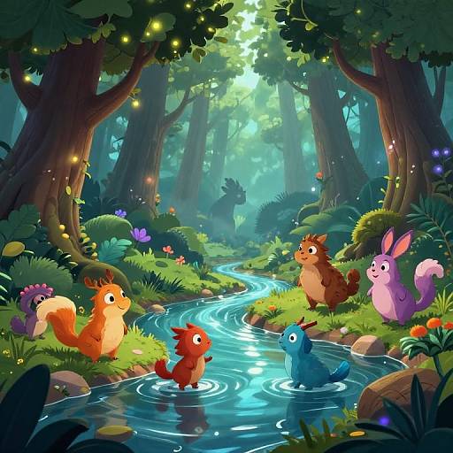 Whimsical forest scene with colorful cartoon animals (squirrel, red fox, blue fish, pink rabbit, brown squirrel) playing in a sparkling stream