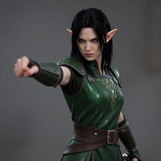 CGI fantasy elf woman with black hair, pointed ears, green leather armor, brown belt, and focused expression, extends her right fist forward.