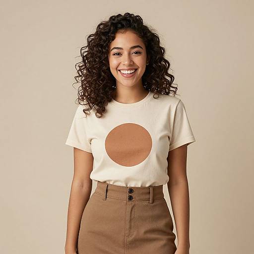 Photograph of a smiling woman with curly dark hair, wearing a white t-shirt with a large brown circle and high-waisted brown pants, against