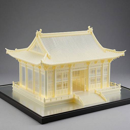 Photograph of a glowing, intricate, traditional Chinese building model with ornate roof, detailed windows, and golden accents, displayed on a black base.