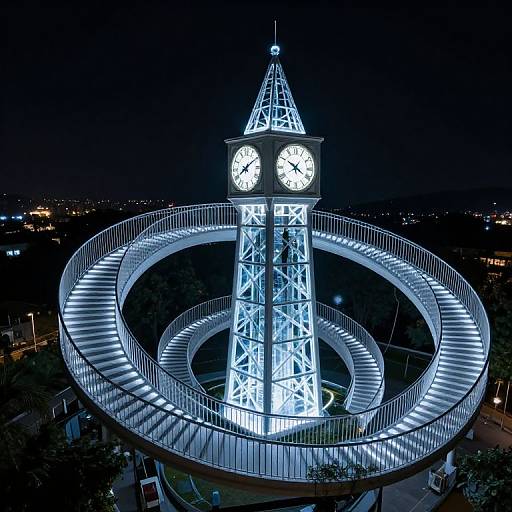 Nighttime photograph of a illuminated clock tower with a circular, glowing walkway encircling it, lit in bright blue light.