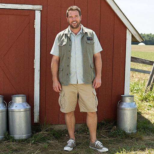 Photograph of a bearded man in a white shirt, green vest, beige shorts, gray sneakers, standing in front of a red barn with three