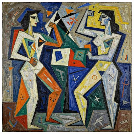 Abstract painting of two stylized, geometric figures in white, orange, and blue, dynamically posed with sharp angles and bold colors.