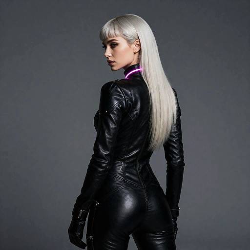 Futuristic Woman in Black Leather Bodysuit
