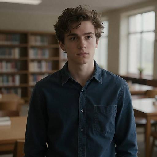 Young Man in Dimly Lit Library Scene