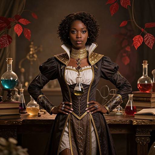 Photograph of a confident Black woman in an elaborate, gold-trimmed, Renaissance-style black dress, standing in an alchemist's lab with colorful