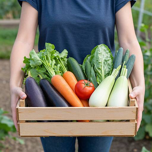 Photograph of a person in a black shirt holding a wooden crate filled with colorful vegetables, including eggplants, carrots, tomatoes, zucchinis