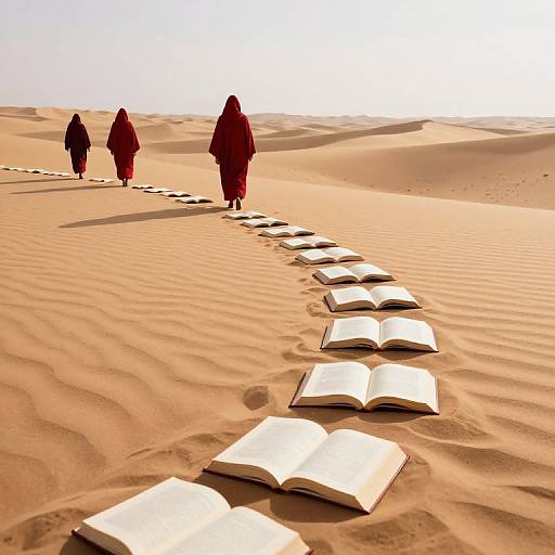 Crimson Robed Figures in Desert