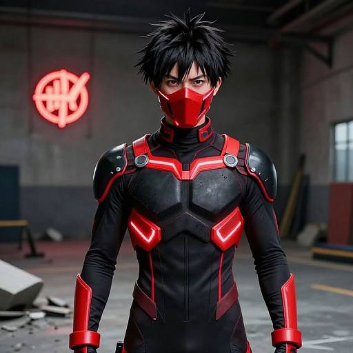 CGI image of a young man with spiky black hair, wearing a black and red futuristic suit with glowing accents, red mask, and neon 