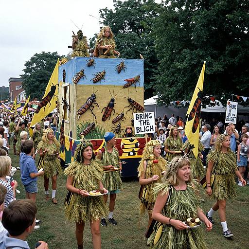Photograph of a colorful outdoor parade with women in grass skirts and fake insect costumes, marching past a large yellow-blue insect-themed float, surrounded by a