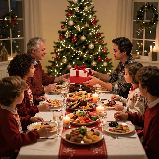 Photograph: Elderly gray-haired man, younger dark-haired man, and three children around Christmas table, receiving gift from younger man, decorated with candles