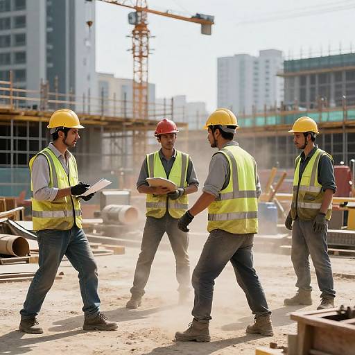 Photograph of four male construction workers in yellow and red hard hats, neon vests, and gloves, discussing plans on a dusty urban construction site with scaff