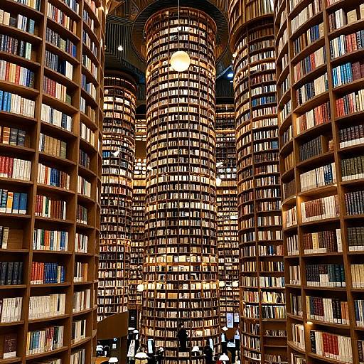 Photograph of a grand, illuminated library with towering, cylindrical bookshelves filled with multicolored books, creating a warm, inviting atmosphere.