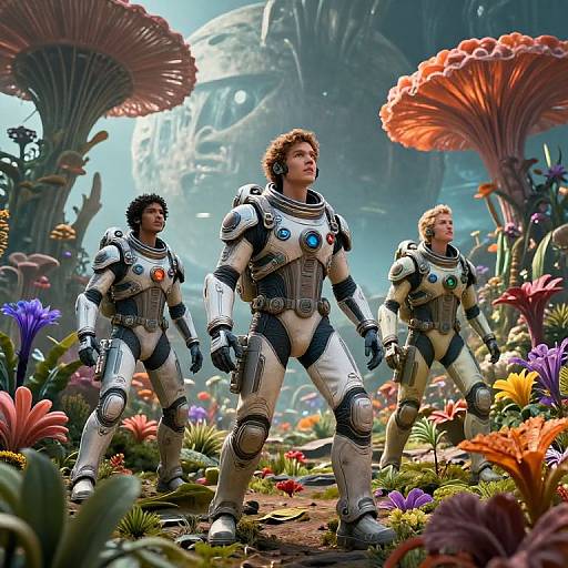 CGI image of three sci-fi astronauts in white suits with colorful chest badges, standing in a vibrant, alien flower garden with large mushrooms, under a
