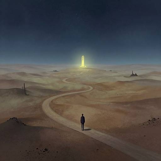Digital illustration of a lone figure on a winding path in a desert, leading to a glowing, vertical light in a starry night sky.