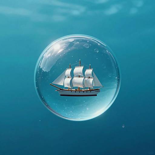 Photorealistic digital image of a white-sailed ship enclosed in a clear, glowing bubble floating in a deep blue underwater ocean.