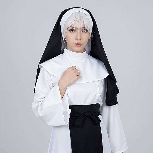 Digital CGI of a white-haired woman in a black and white nun's habit, with blue eyes and pale skin, standing against a plain white background.