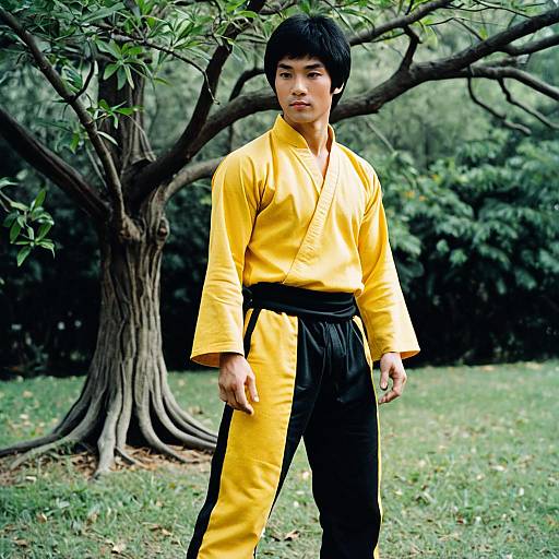 Realistic Bruce Lee in Yellow Outfit Outdoors