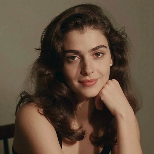 Photograph of a smiling young woman with wavy dark brown hair, fair skin, and brown eyes, resting her chin on her hand against a plain