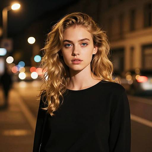 Photograph of a blonde woman with wavy hair, blue eyes, wearing a black top, standing on a dimly lit urban street at night,