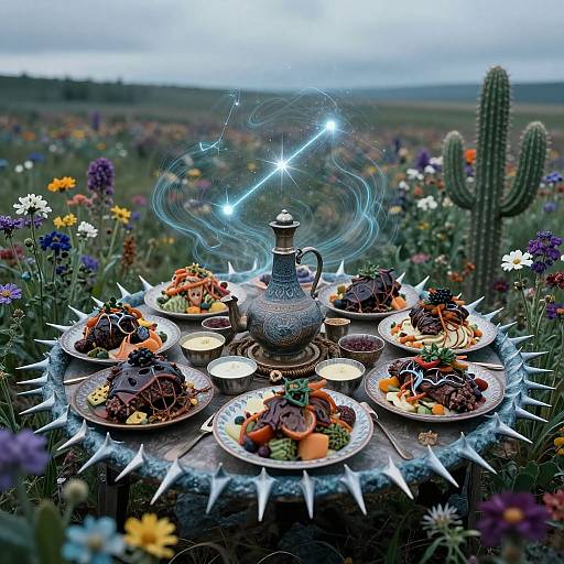 Fantastical outdoor dinner table with glowing blue starburst above ornate silver pitcher, surrounded by spiked plates, colorful floral field, and towering cactus