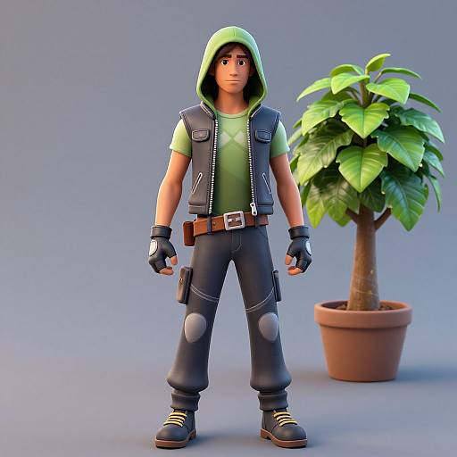3D CGI image of a young boy with green hoodie, black vest, and pants, standing beside a potted plant on a blue-gray background.