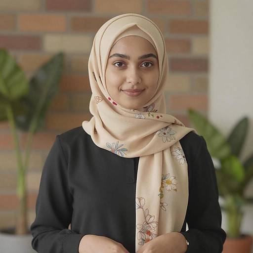 Photograph of a smiling young woman with medium brown skin, wearing a beige floral hijab and black long-sleeve top, against a brick wall