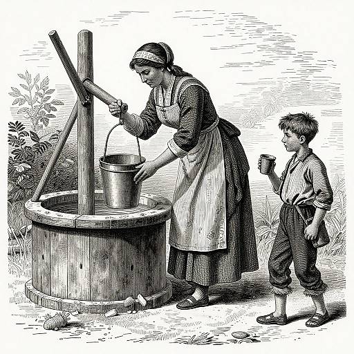 Vintage Engraving of Woman Drawing Water