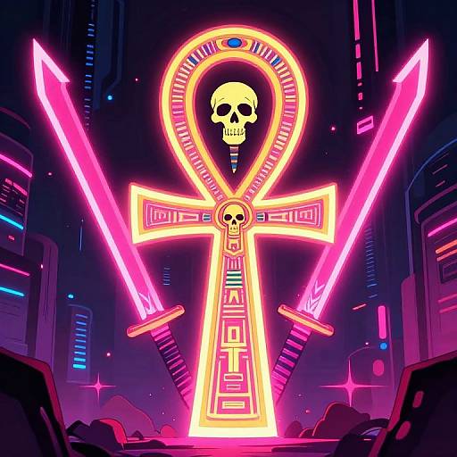 Neon digital art: Glowing pink swords flank a skull-adorned Ankh cross, set against a cyberpunk cityscape. Bright, vivid