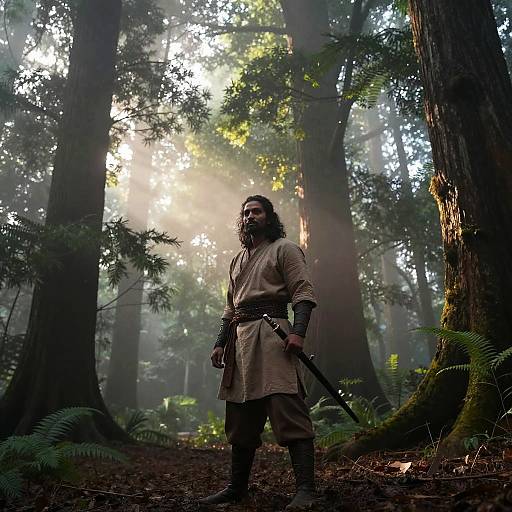 Photograph of a bearded man with long hair, wearing a beige tunic and brown belt, standing in a misty, sunlit forest holding